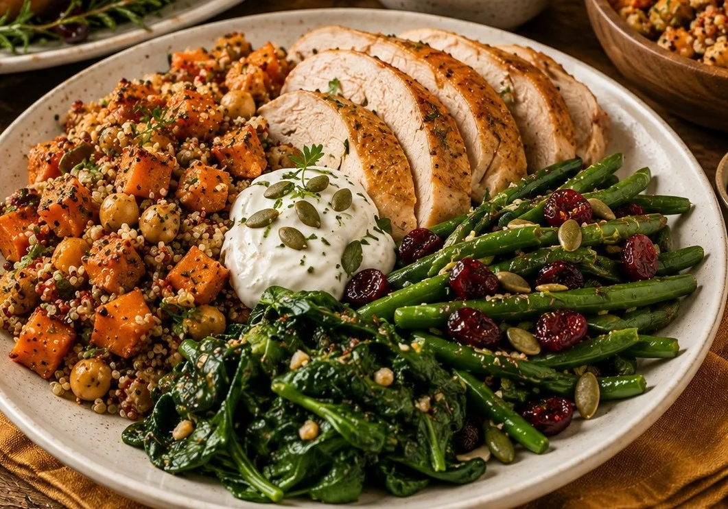A festive table set with high protein Thanksgiving recipes including turkey and sides.