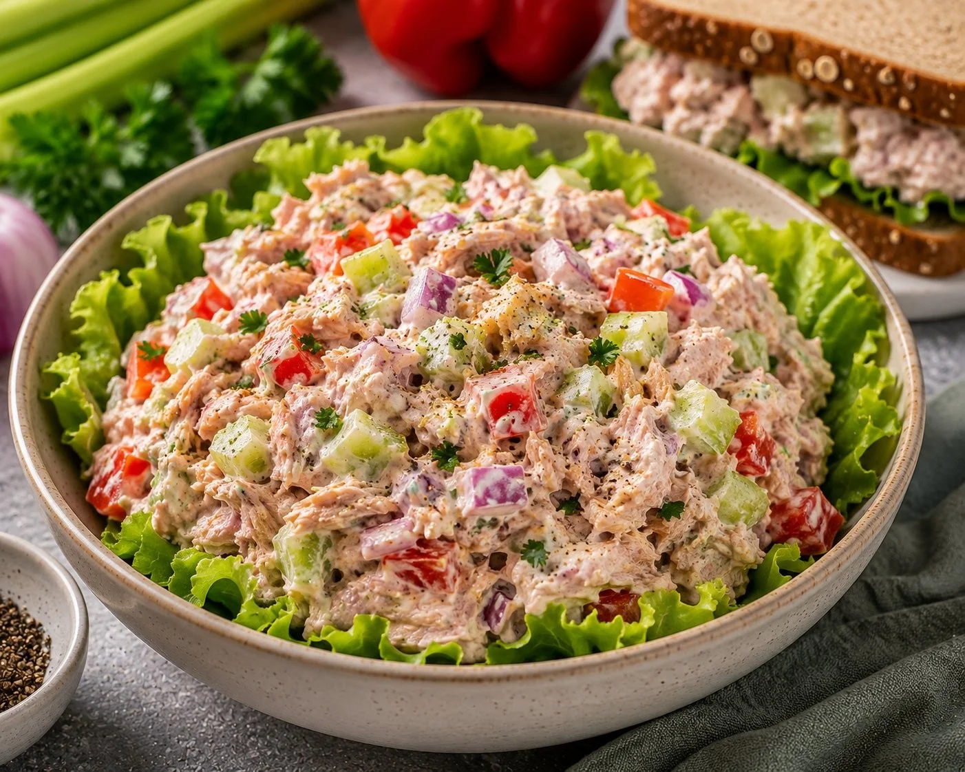 High protein tuna salad served in a bowl with fresh vegetables