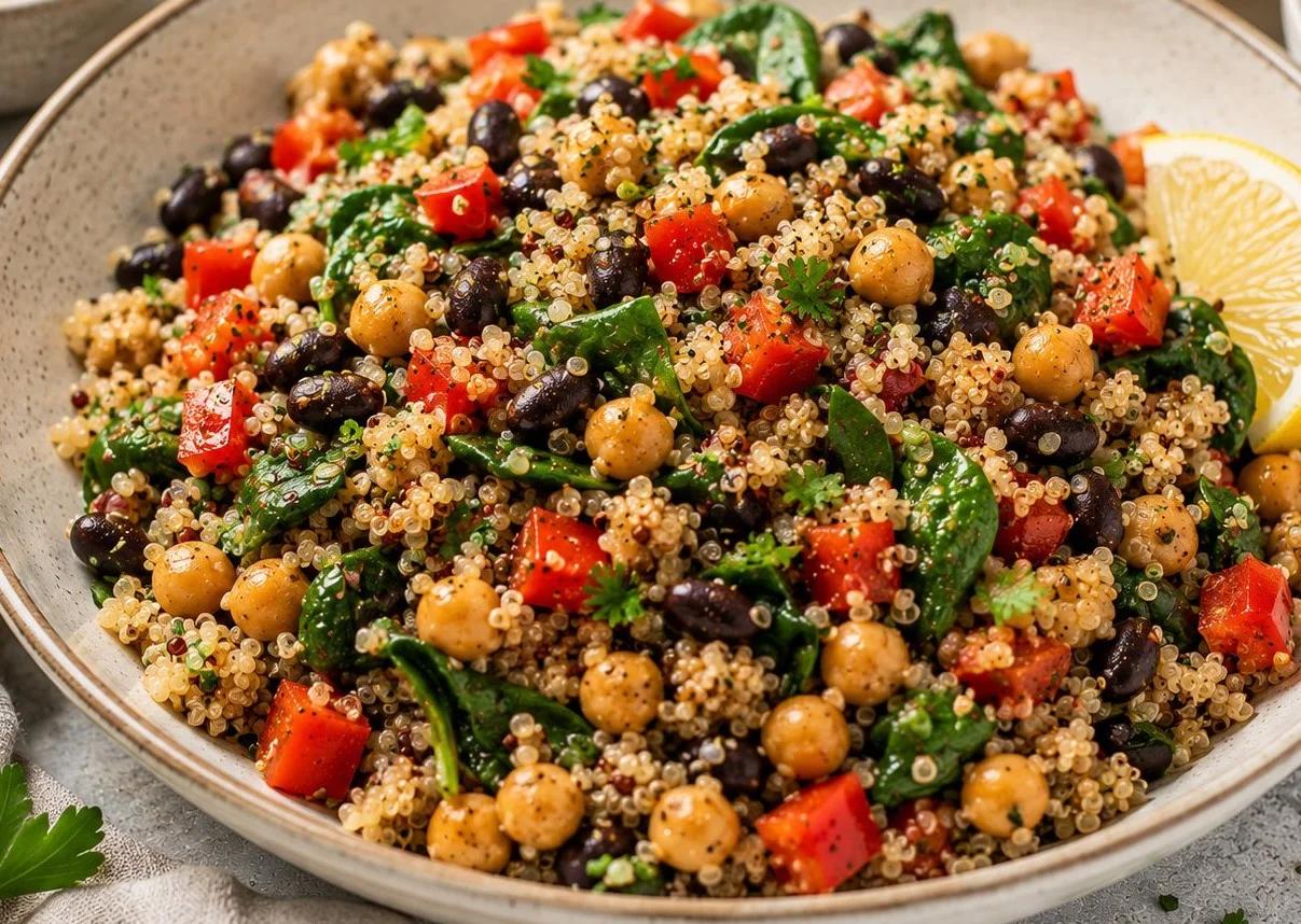 High protein vegetarian lunch bowl with beans, quinoa, and fresh vegetables