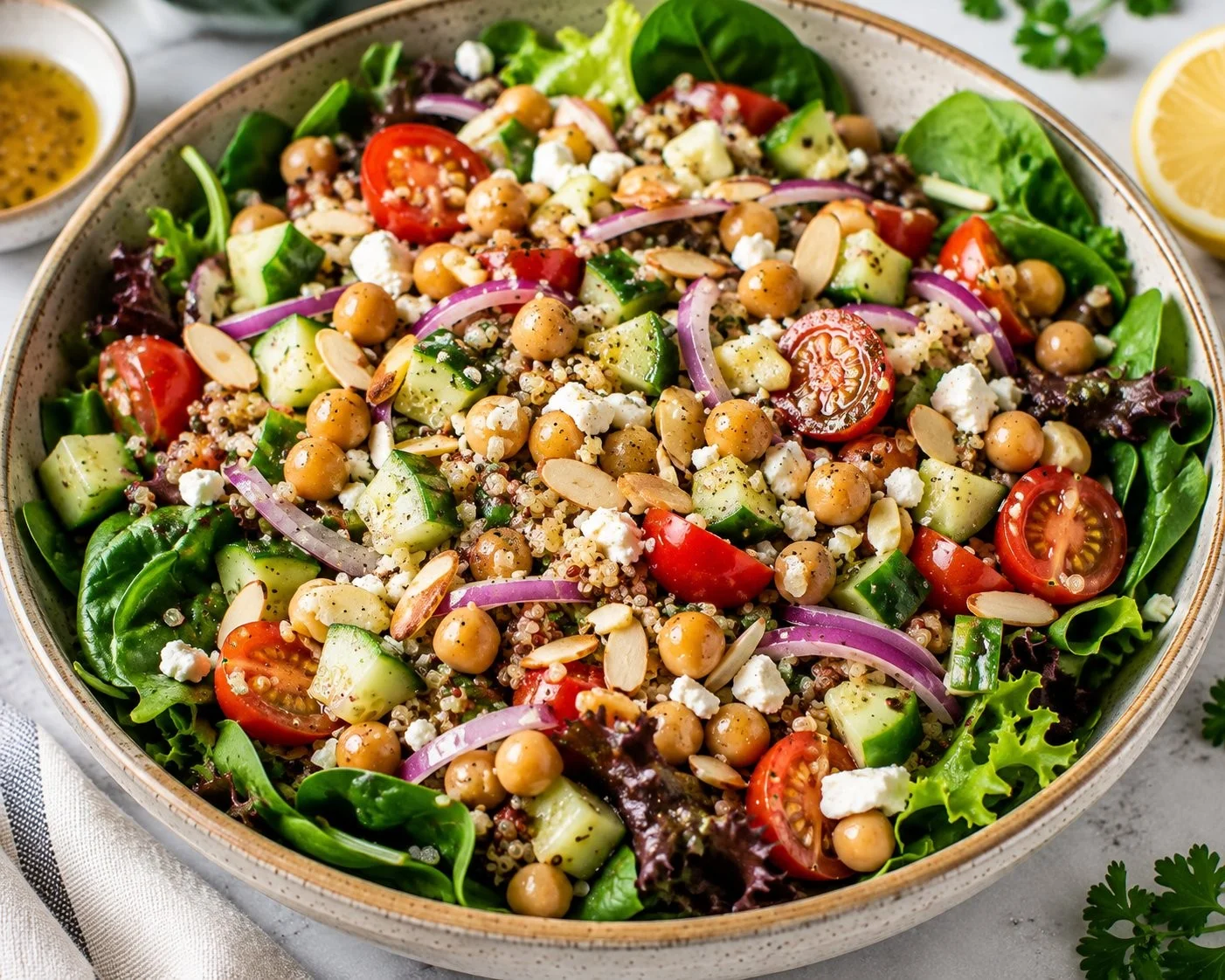 High protein vegetarian salad with colorful vegetables and beans