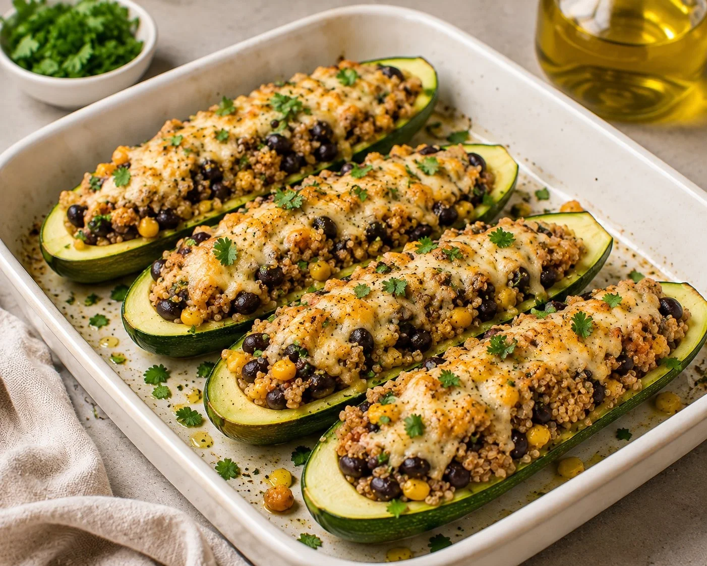 High protein zucchini dish served on a plate with fresh herbs