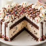 Slice of homemade ice cream cake with chocolate and vanilla layers