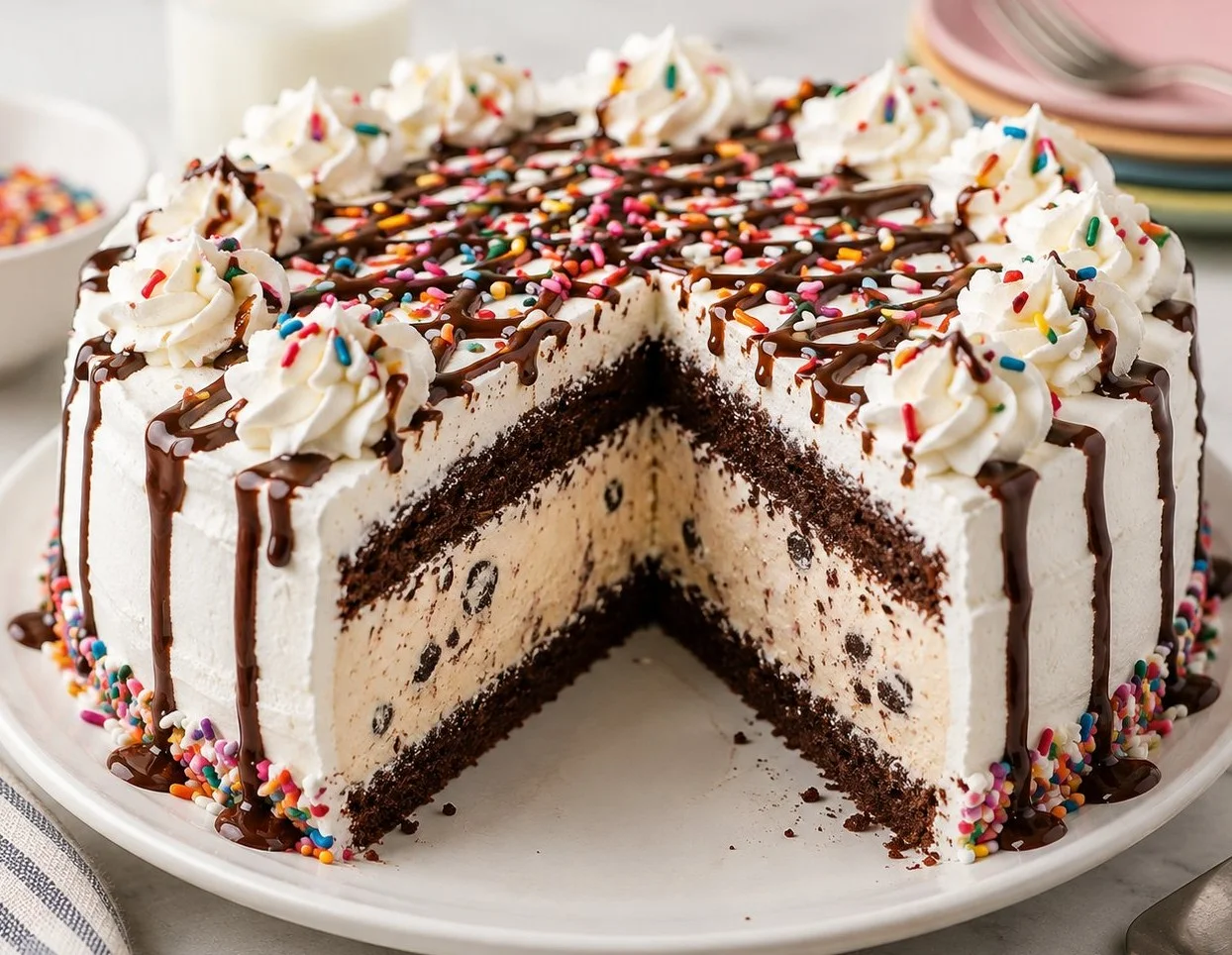 Slice of homemade ice cream cake with chocolate and vanilla layers