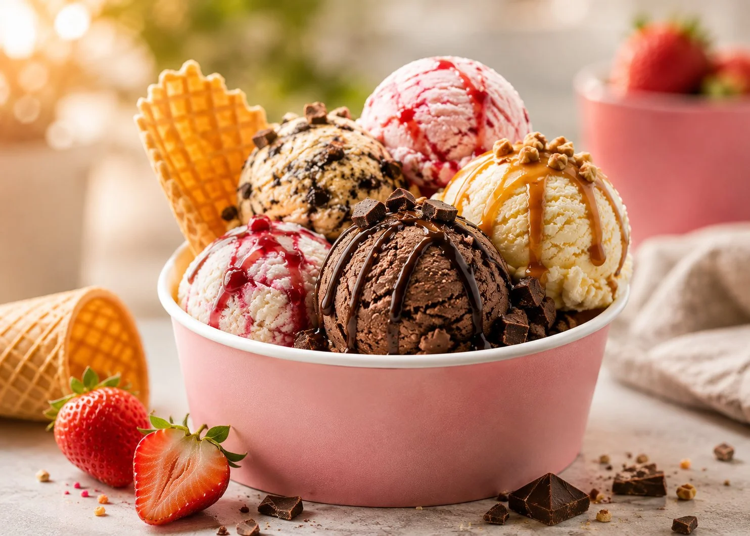 Colorful ice cream ads showcasing various flavors and designs.