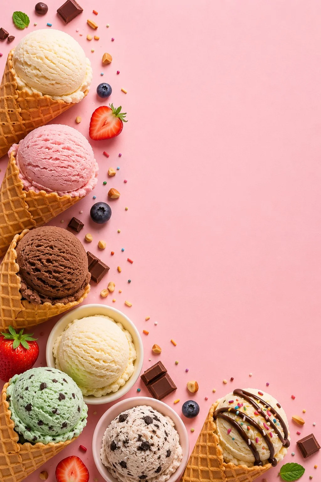 A colorful assortment of ice cream scoops in different flavors.