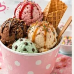 A variety of ice cream scoops in vibrant colors and flavors on a summer day.