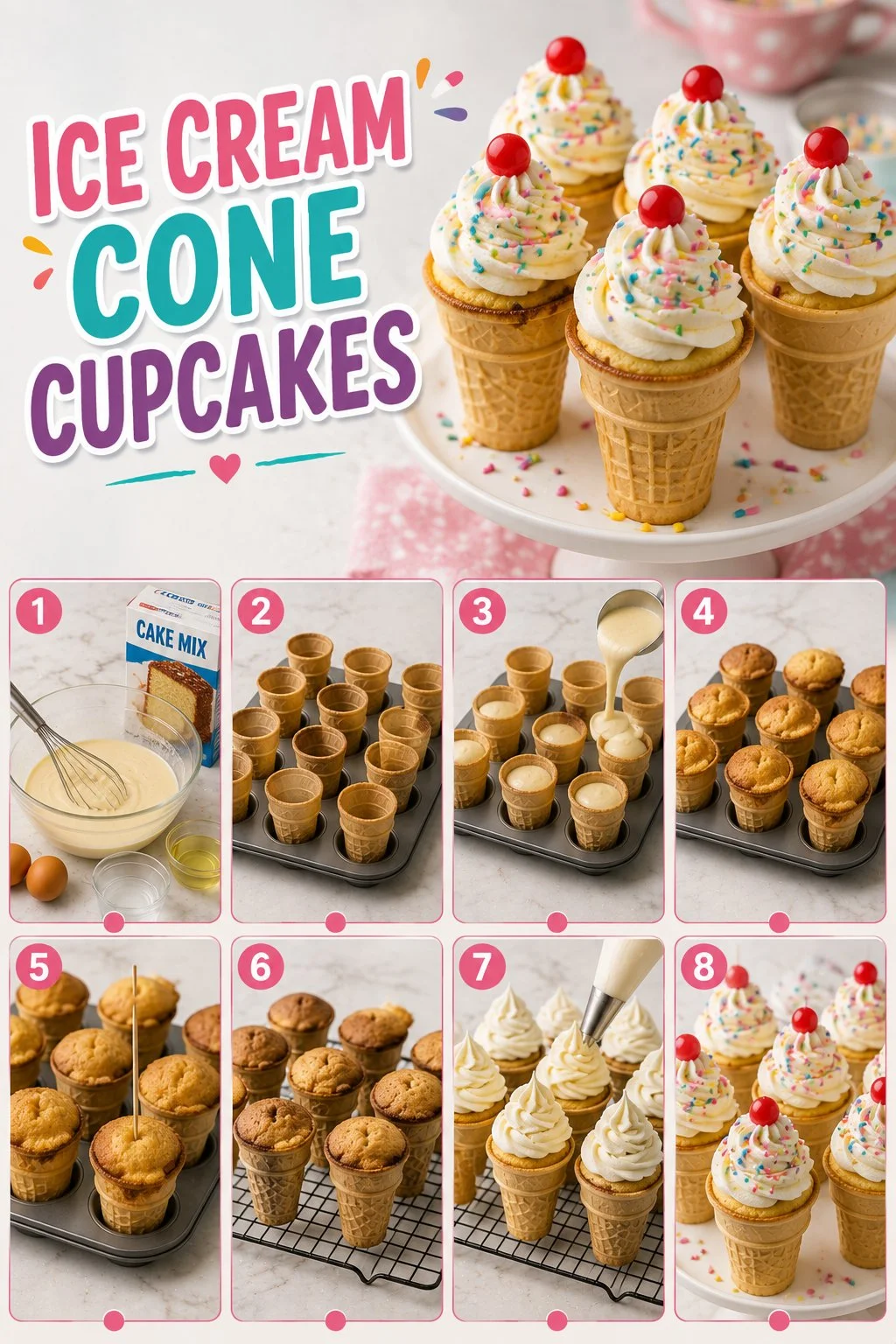 Delicious ice cream cone cupcakes topped with colorful frosting and sprinkles.