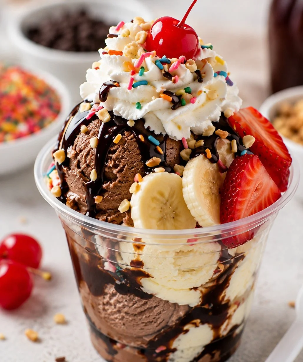 A colorful assortment of ice cream cups with various flavors and toppings