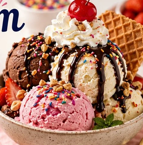 A variety of colorful ice cream desserts served in bowls and cones