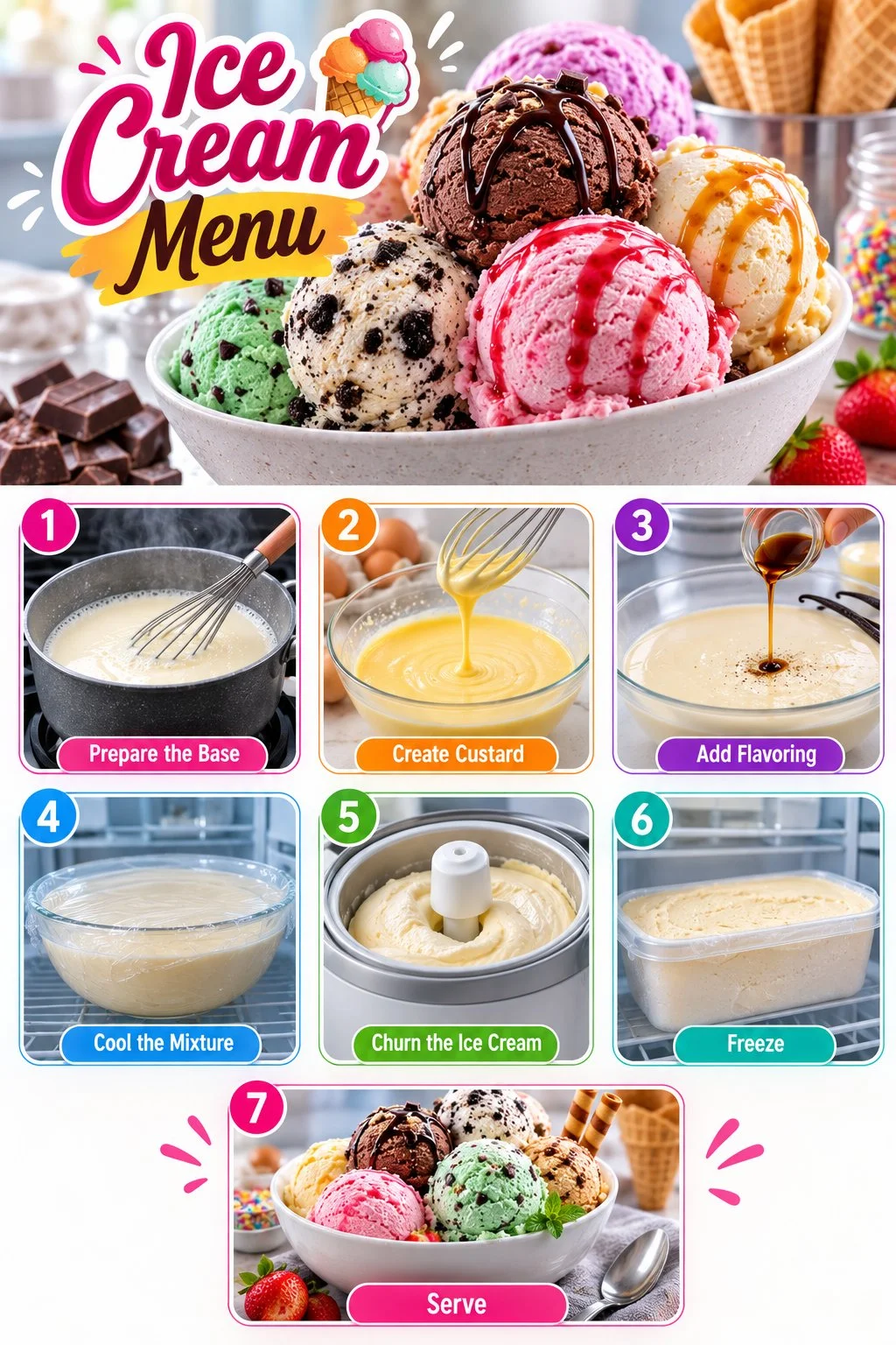 Delicious ice cream menu showcasing various flavors and toppings