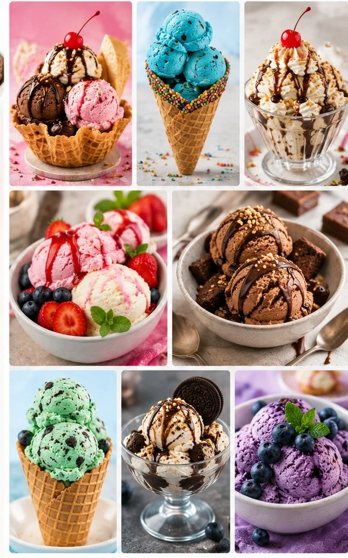 An assortment of colorful ice cream cones and cups with various flavors.