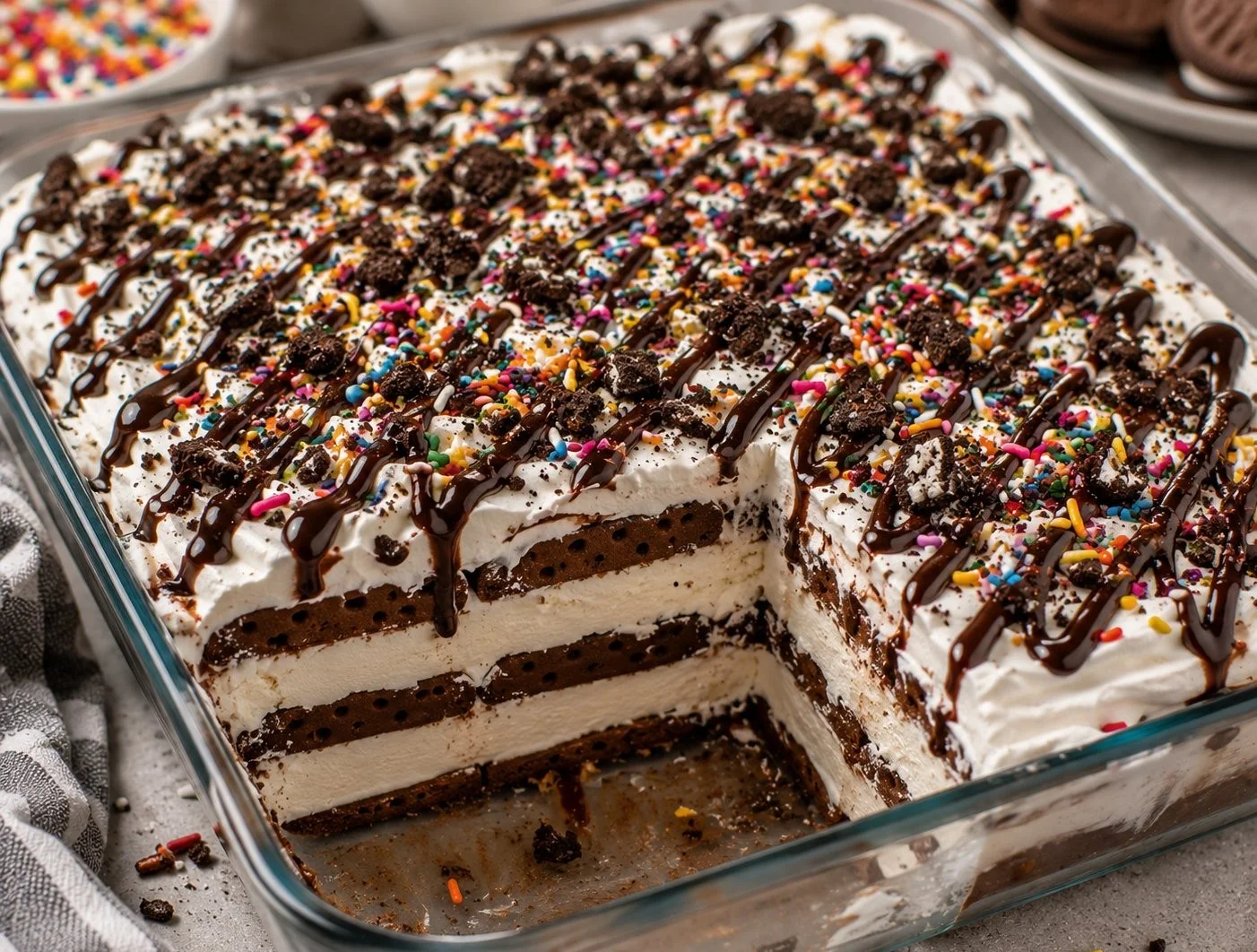 Delicious Ice Cream Sandwich Cake served on a plate with chocolate sauce