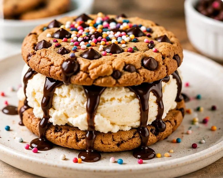 Homemade ice cream sandwich dessert with chocolate cookies and vanilla ice cream.