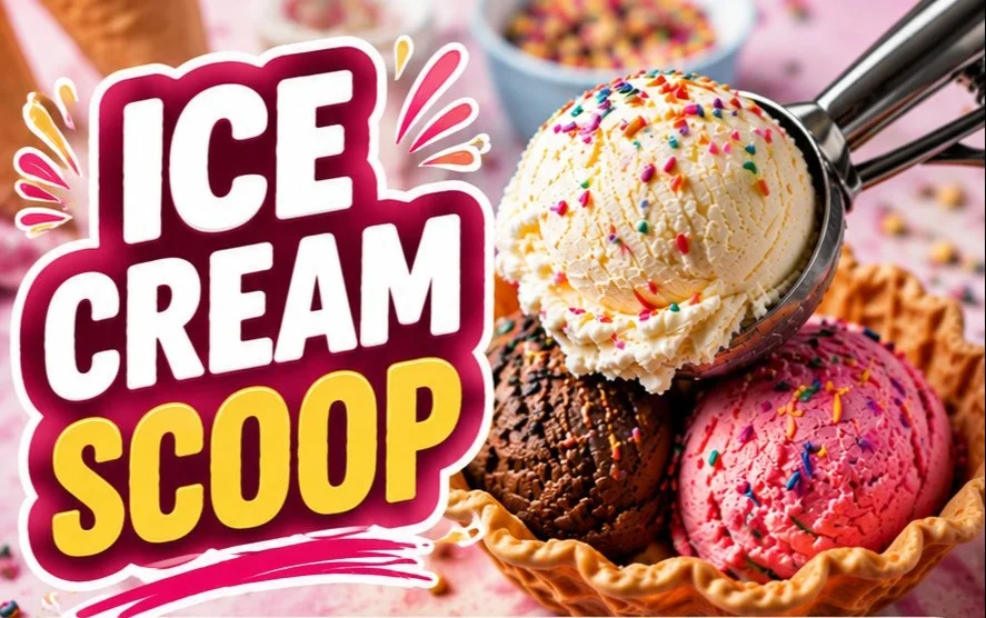 Variety of colorful ice cream scoops for serving delicious desserts