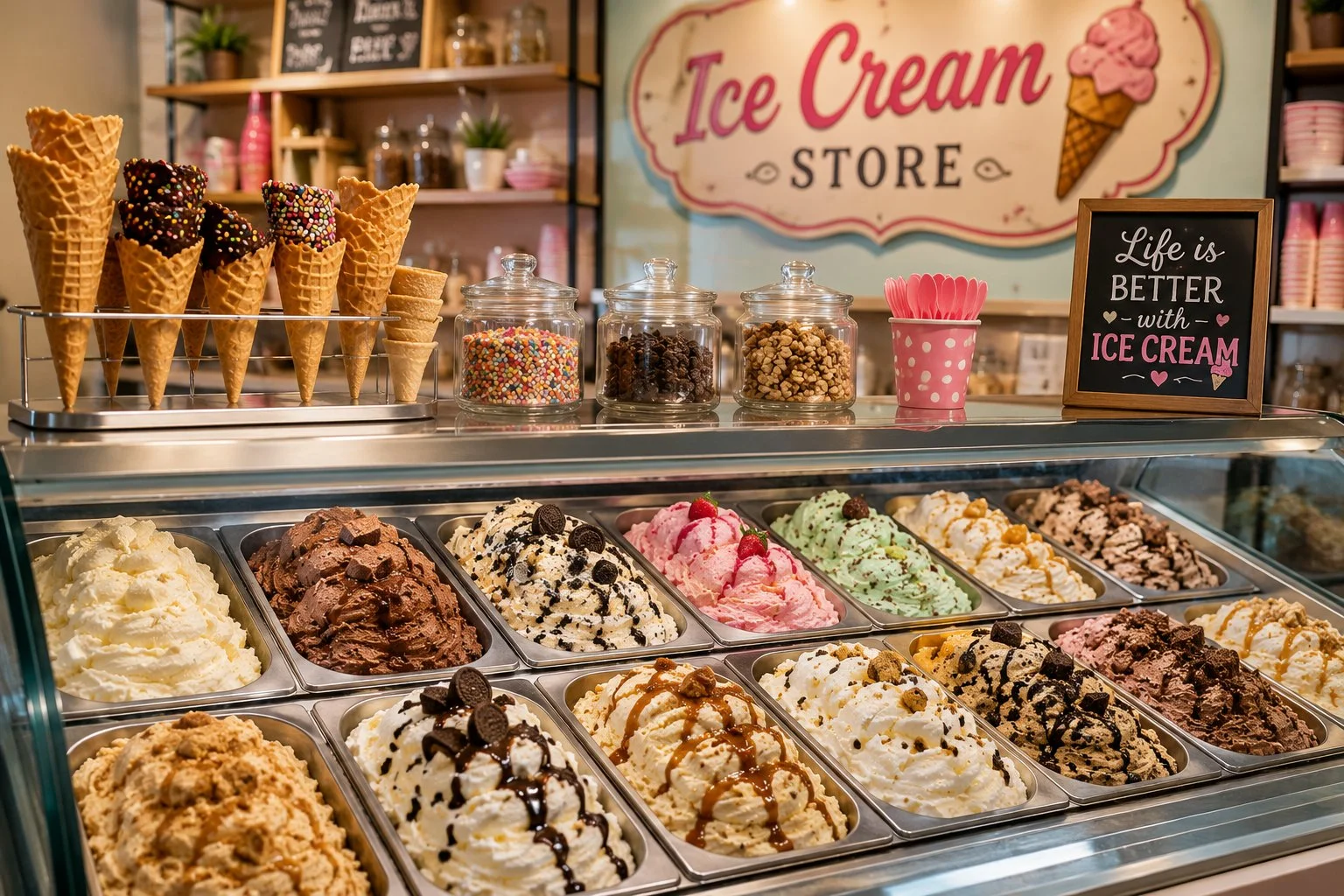 Display of colorful ice cream flavors at an ice cream store