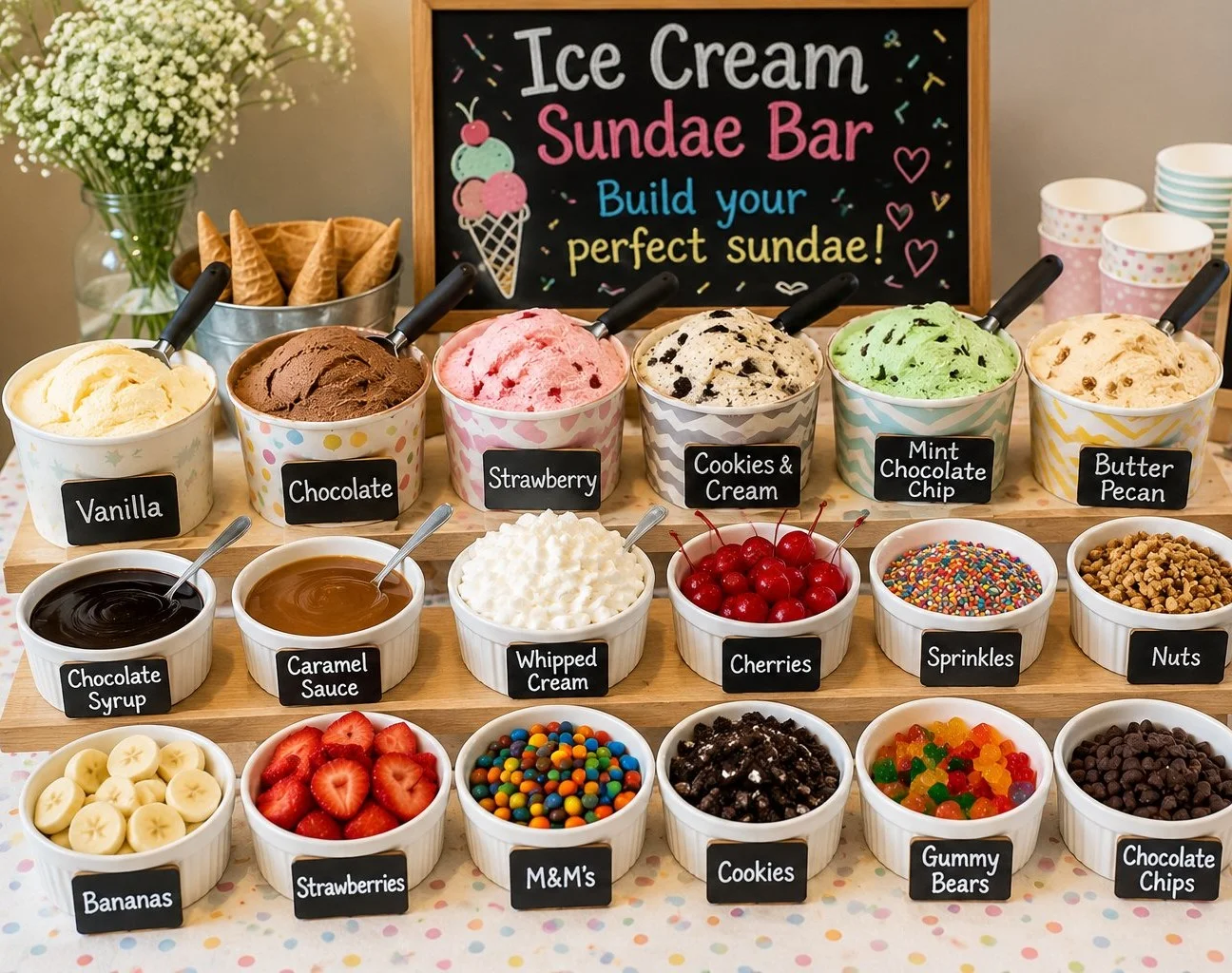 Ice cream sundae bar with various toppings and flavors