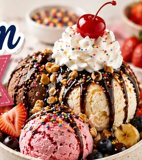 Variety of colorful ice cream toppings including sprinkles, nuts, and fruits.