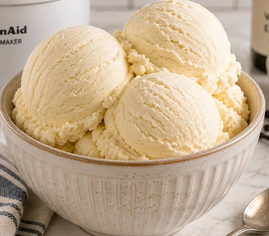 Delicious homemade Kitchenaid Ice Cream in a bowl with toppings.