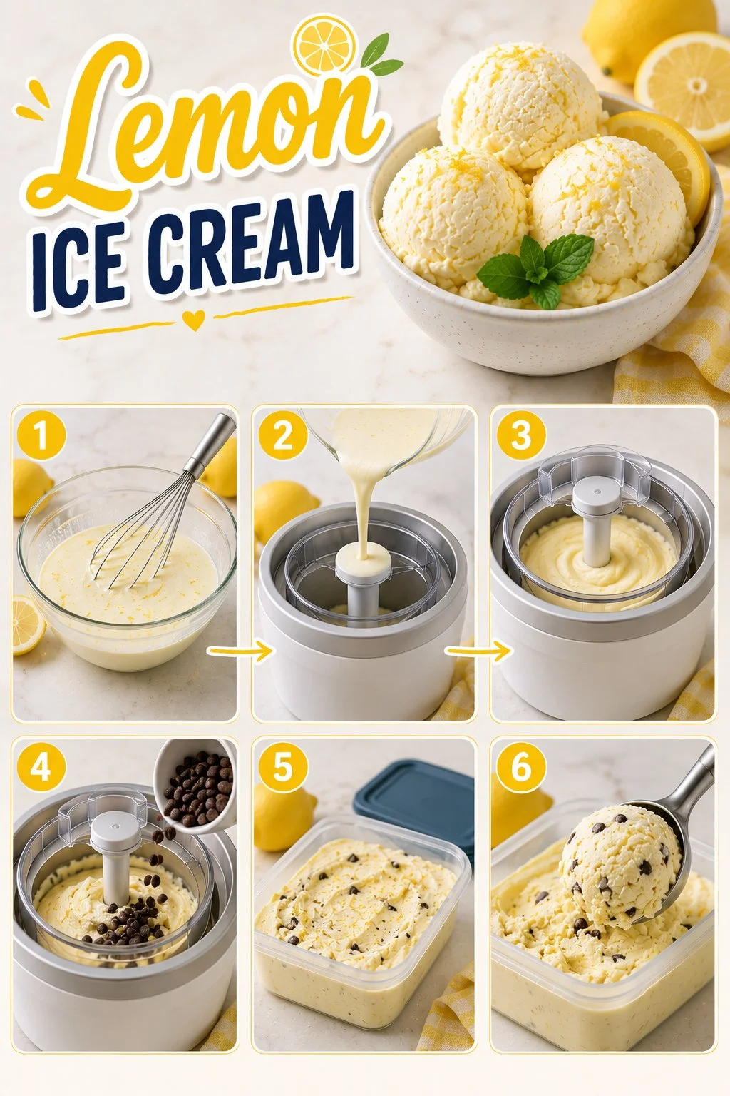 Delicious homemade lemon ice cream in a bowl, garnished with lemon slices.
