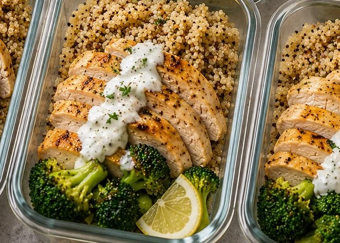 Low-calorie high-protein meal prep containers filled with nutritious food.