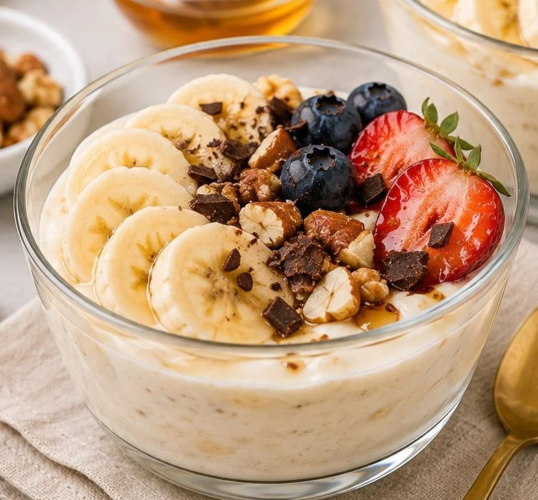 Low calorie banana dessert topped with fresh banana slices and drizzled with honey