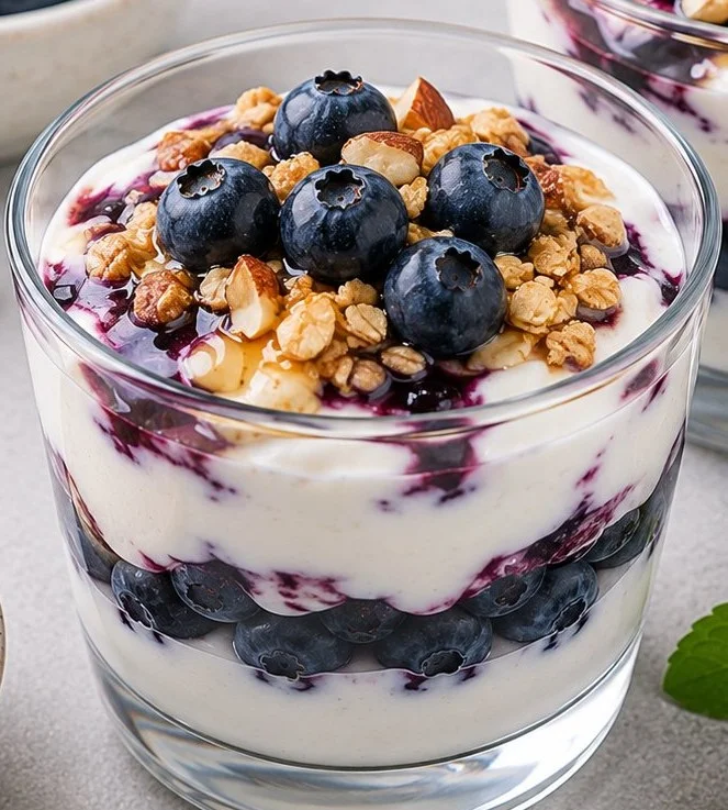 Low calorie blueberry dessert on a plate garnished with fresh blueberries