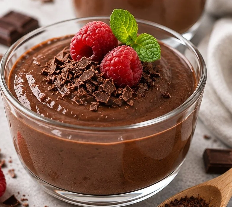 A low calorie chocolate dessert served in a bowl, garnished with fresh berries.