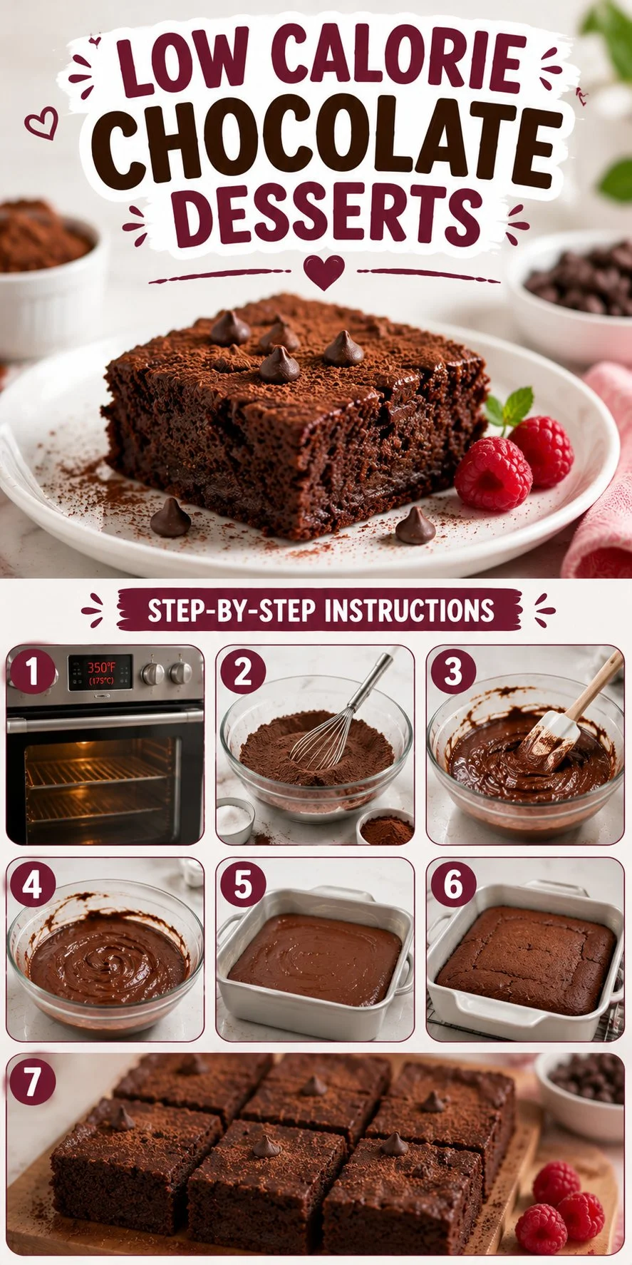 Assorted low calorie chocolate desserts on a wooden table.