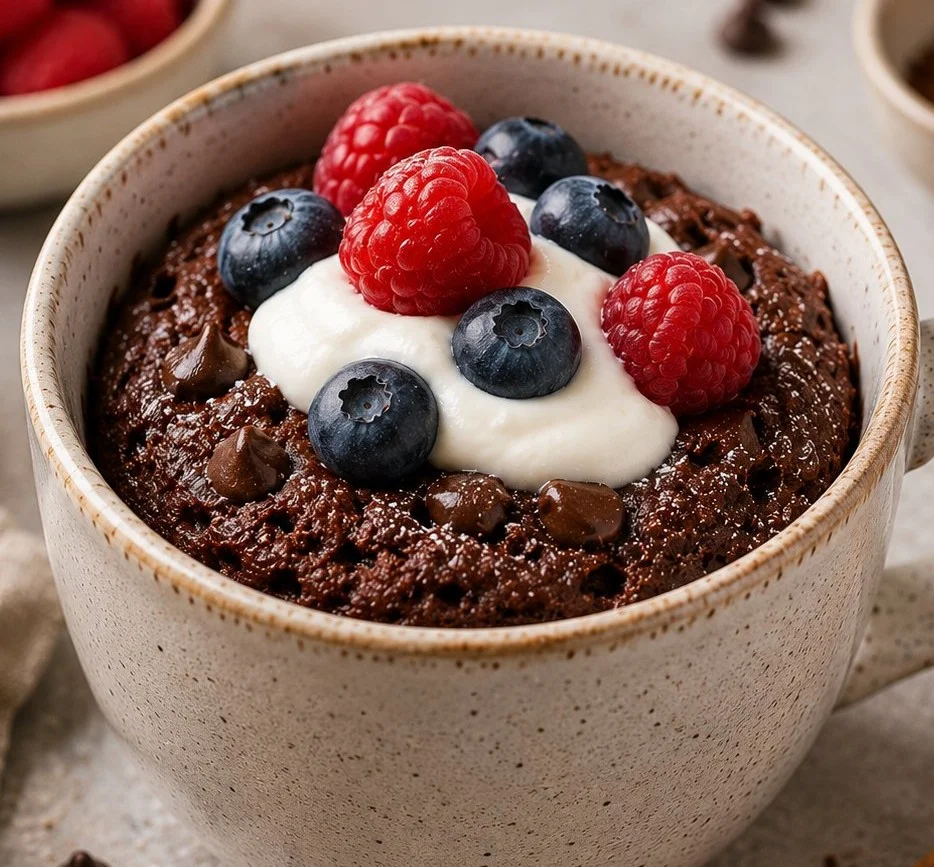 Delicious low calorie dessert mug cakes in colorful mugs