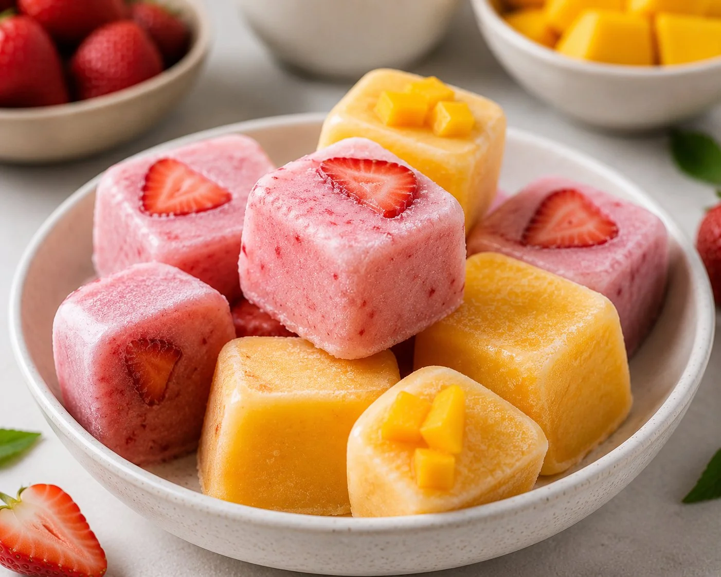 Low calorie frozen desserts assortment in colorful bowls.