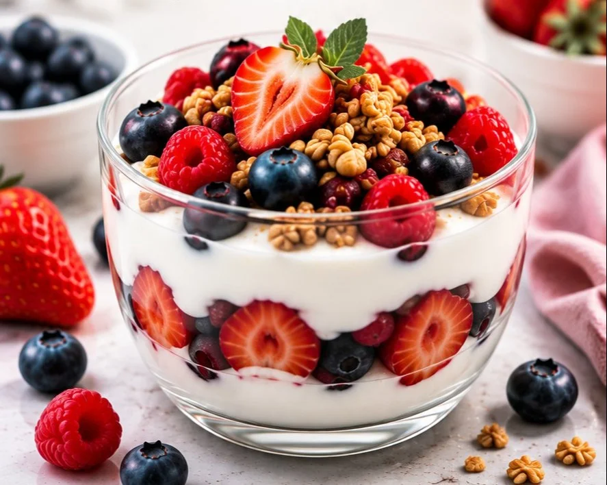 A variety of low calorie healthy desserts including fruit and yogurt treats