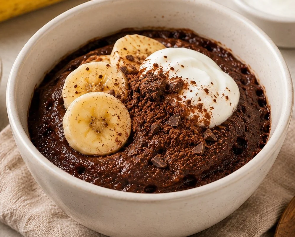 Low calorie microwave dessert in a bowl, ready to serve.