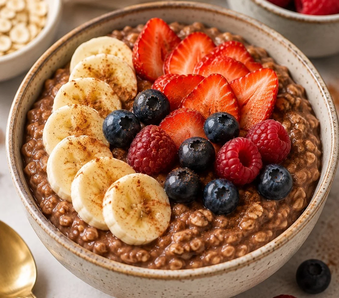 A bowl of low calorie oatmeal dessert topped with fresh fruits and nuts
