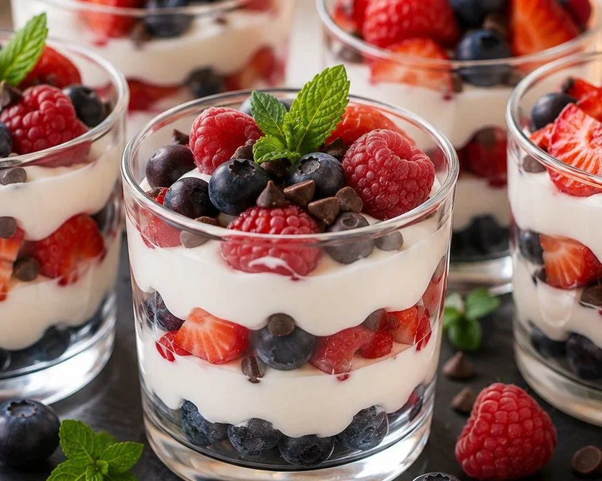 A selection of low calorie party desserts including cupcakes, fruit tarts, and mousse.