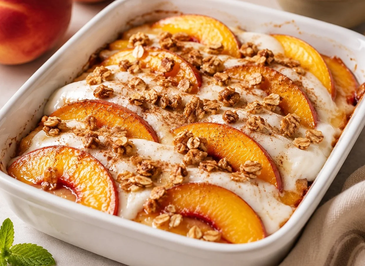 Bowls of low calorie peach desserts served with fresh peaches