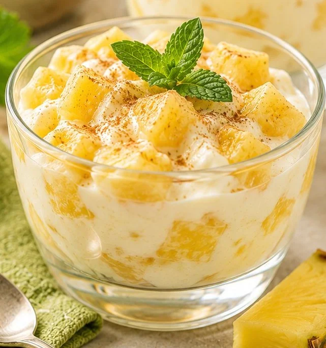 Low calorie pineapple dessert served in a bowl with mint garnish