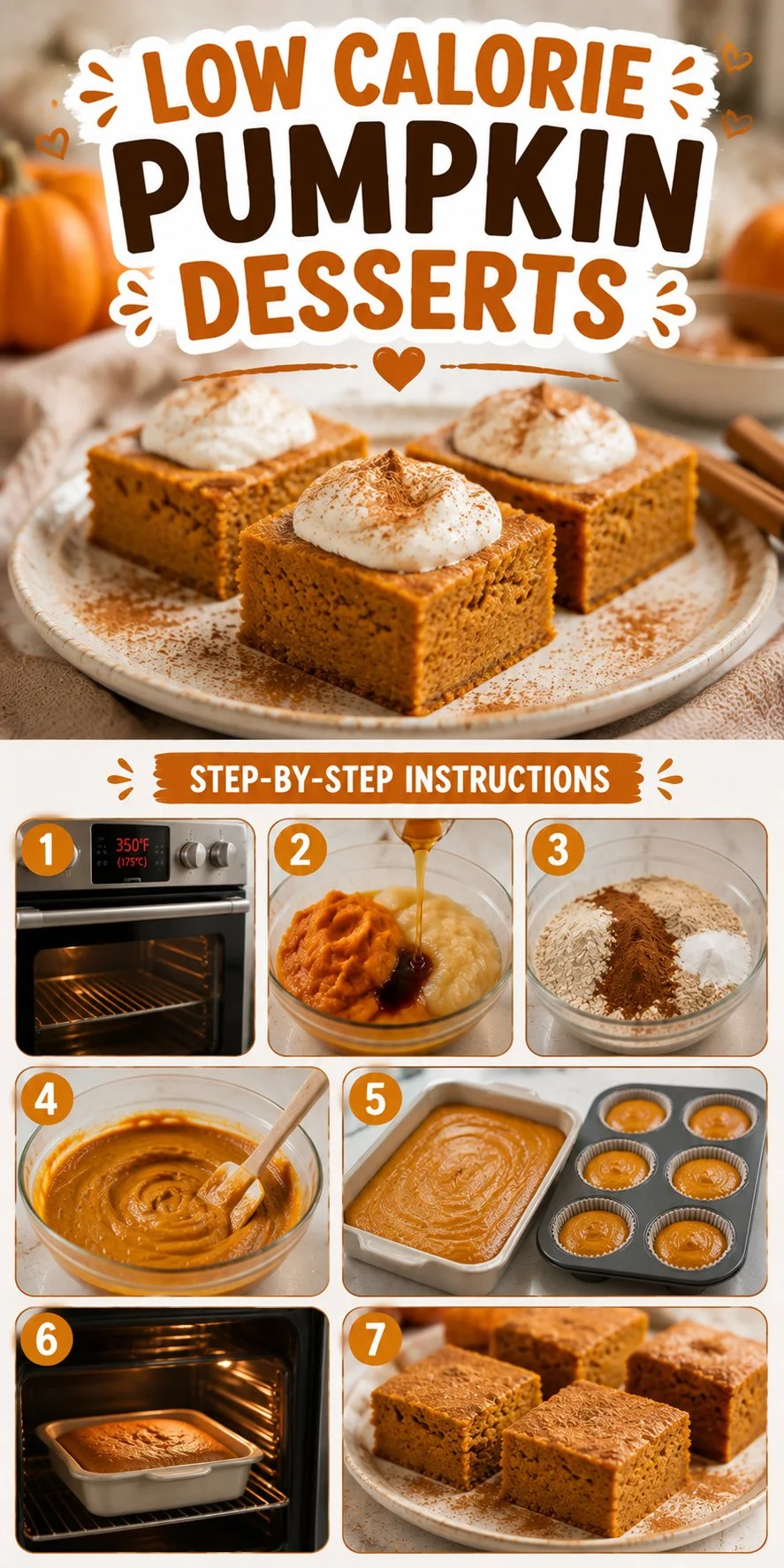 A variety of low calorie pumpkin desserts, including pies and muffins, beautifully arranged.