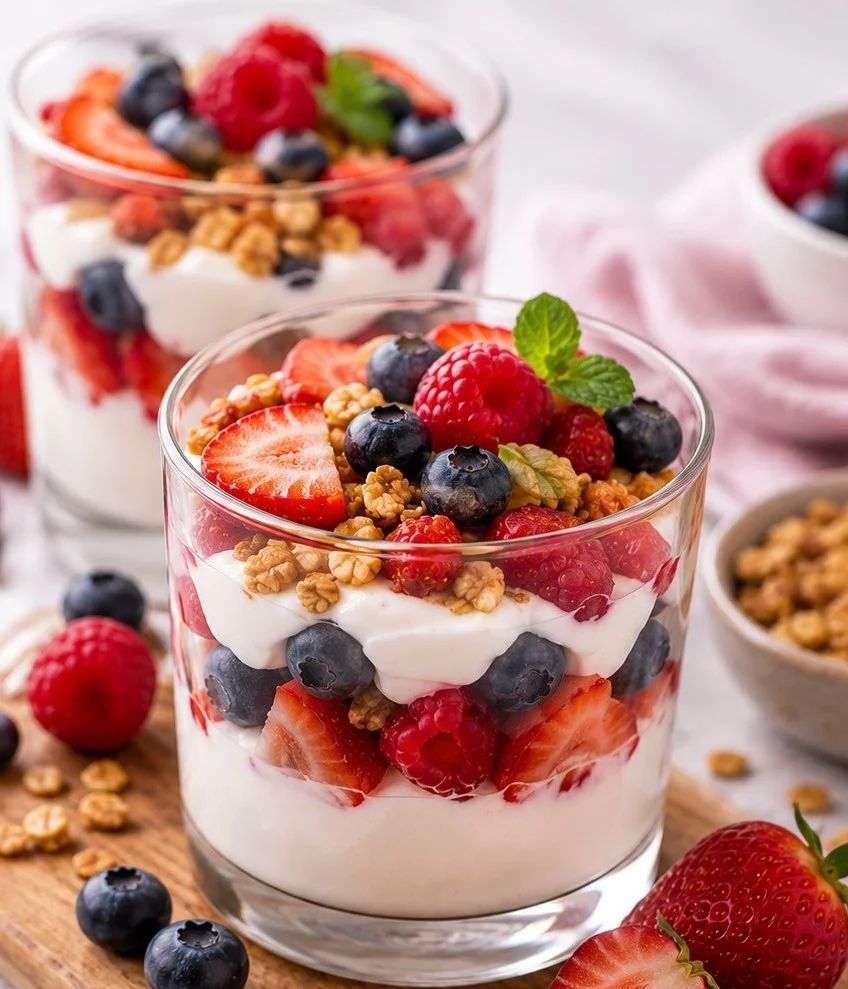 A variety of enticing low calorie quick desserts on a colorful plate