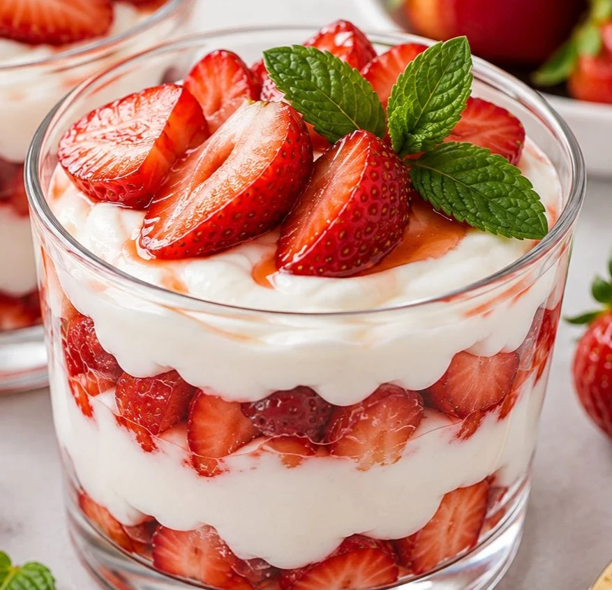 Delicious low-calorie strawberry dessert garnished with fresh strawberries