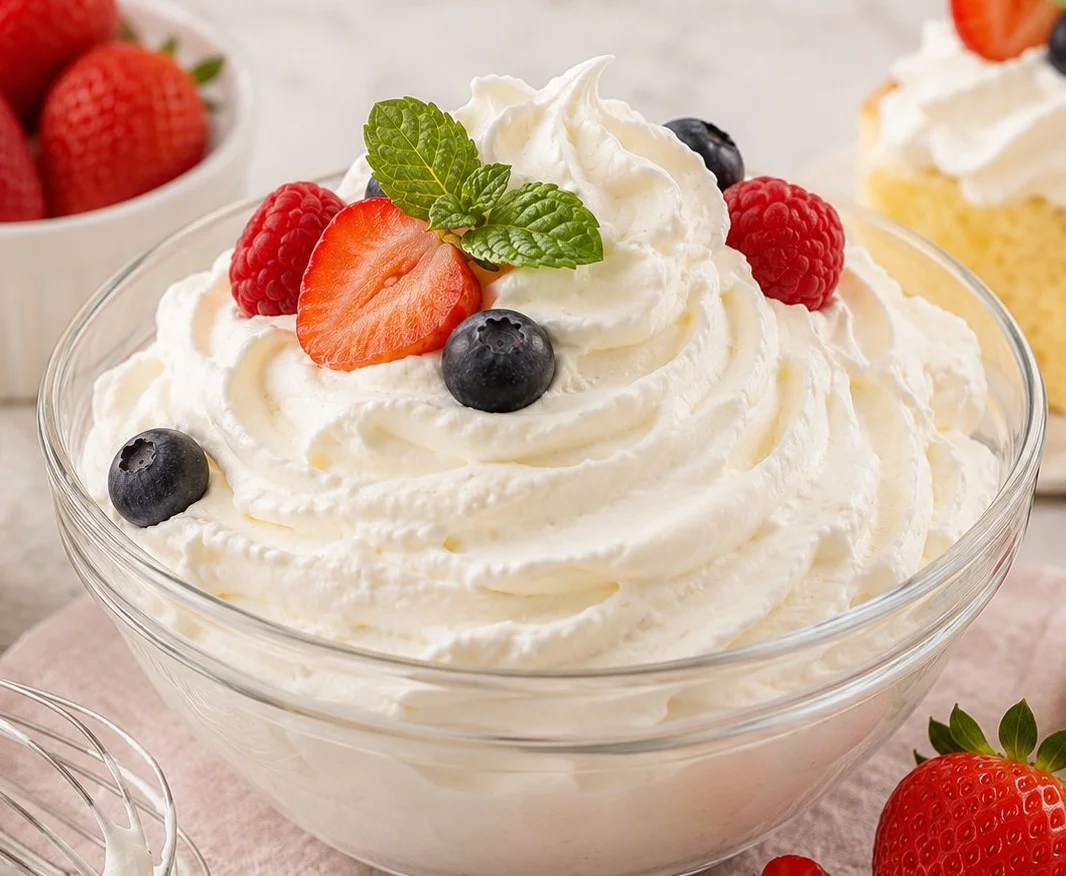 Delicious low calorie whipped cream dessert topped with fresh berries