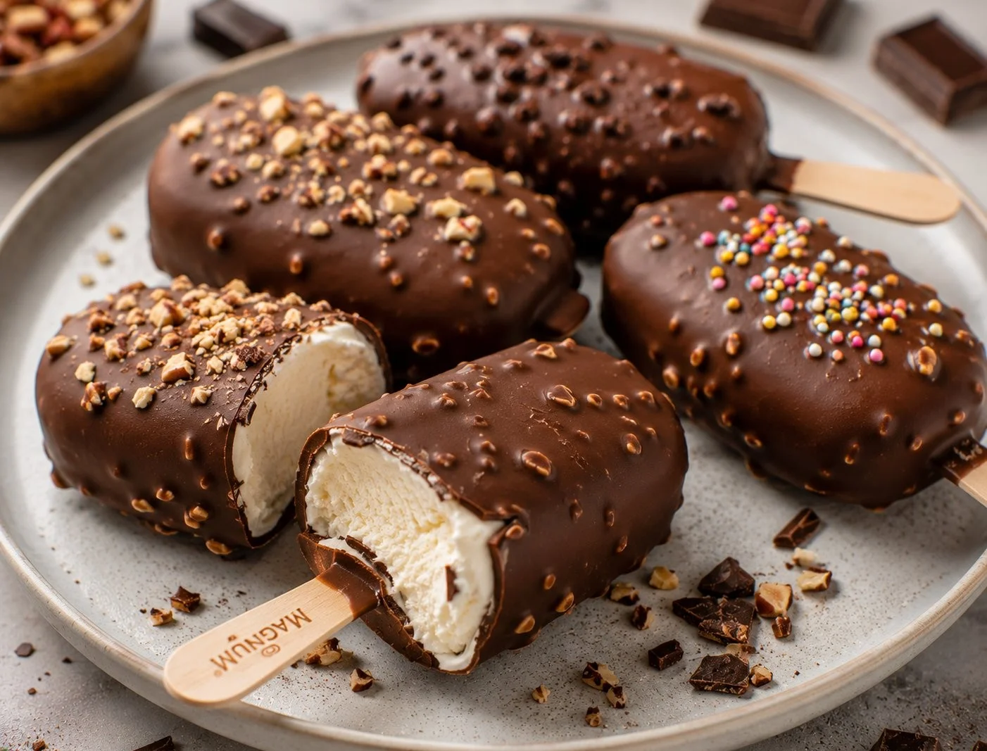 Delicious Magnum Ice Cream bar covered in rich chocolate and nuts