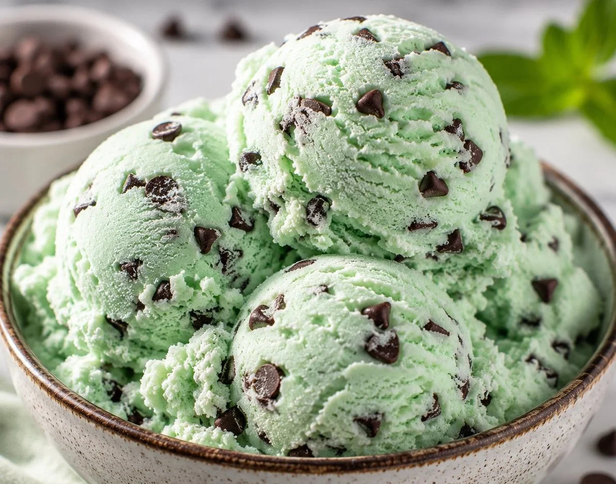 Delicious Mint Chocolate Chip Ice Cream served in a bowl with mint leaves