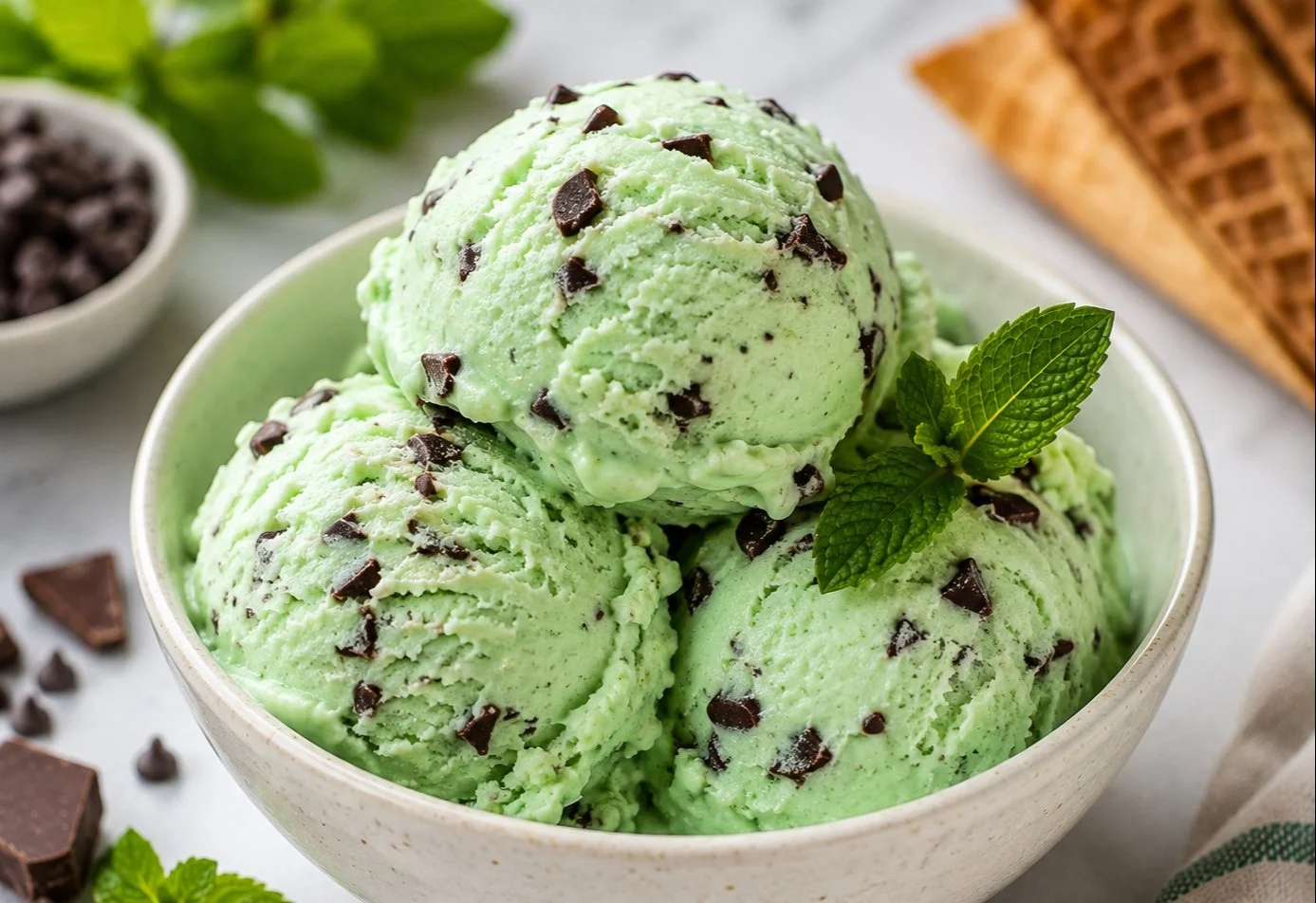 Creamy mint ice cream in a bowl with mint leaves and chocolate sprinkles