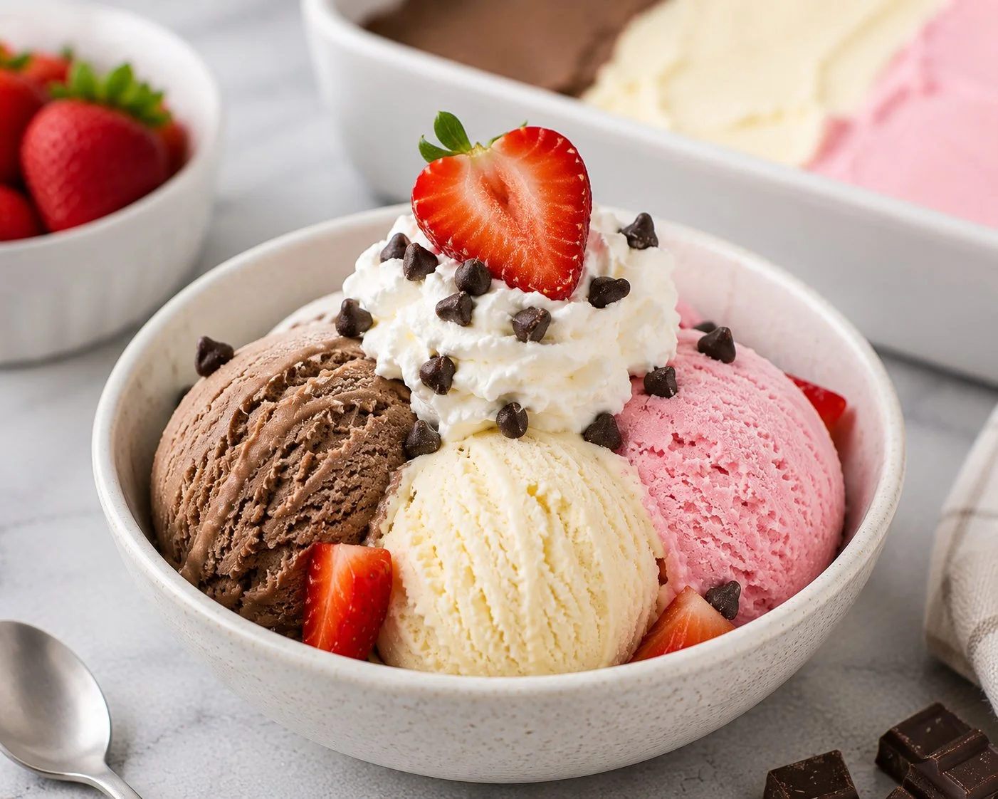 Three flavors of Neapolitan Ice Cream: chocolate, vanilla, and strawberry in a bowl.