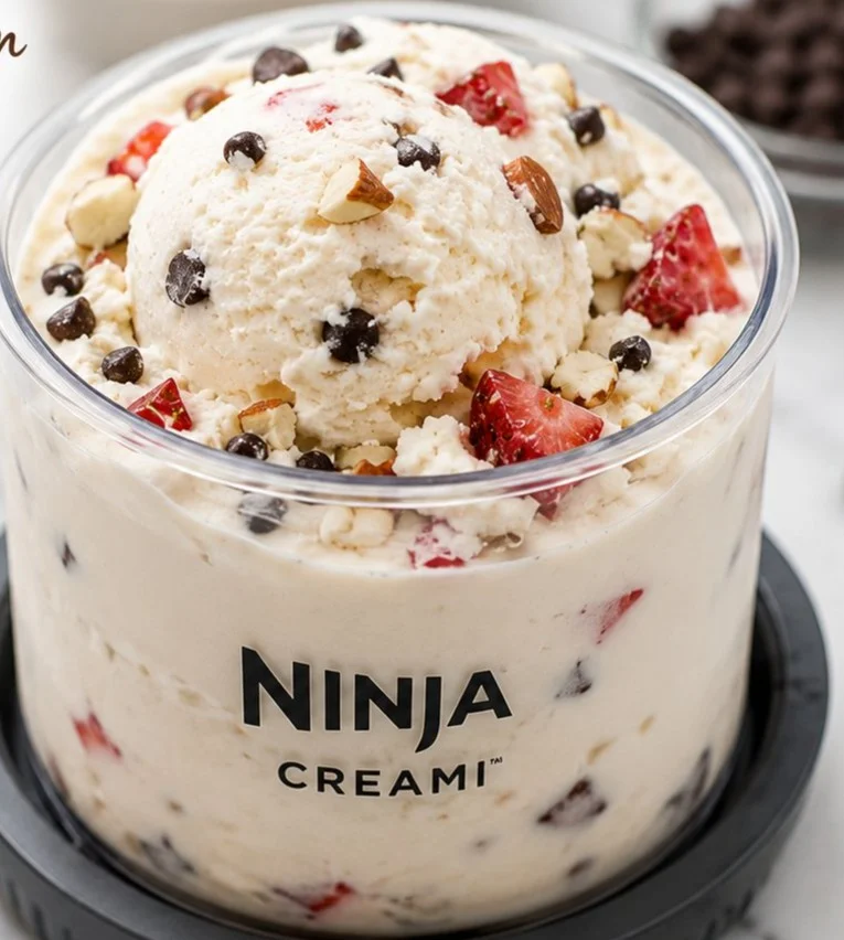 Bowl of Ninja Creami high protein ice cream topped with fresh berries