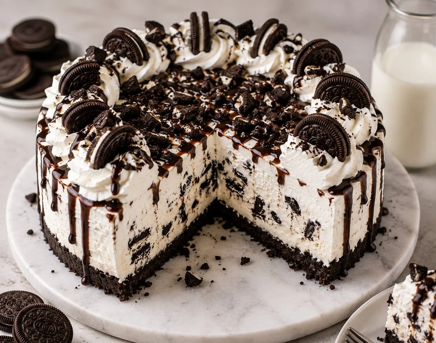 Delicious Oreo Ice Cream Cake with layers of cream and crushed Oreos