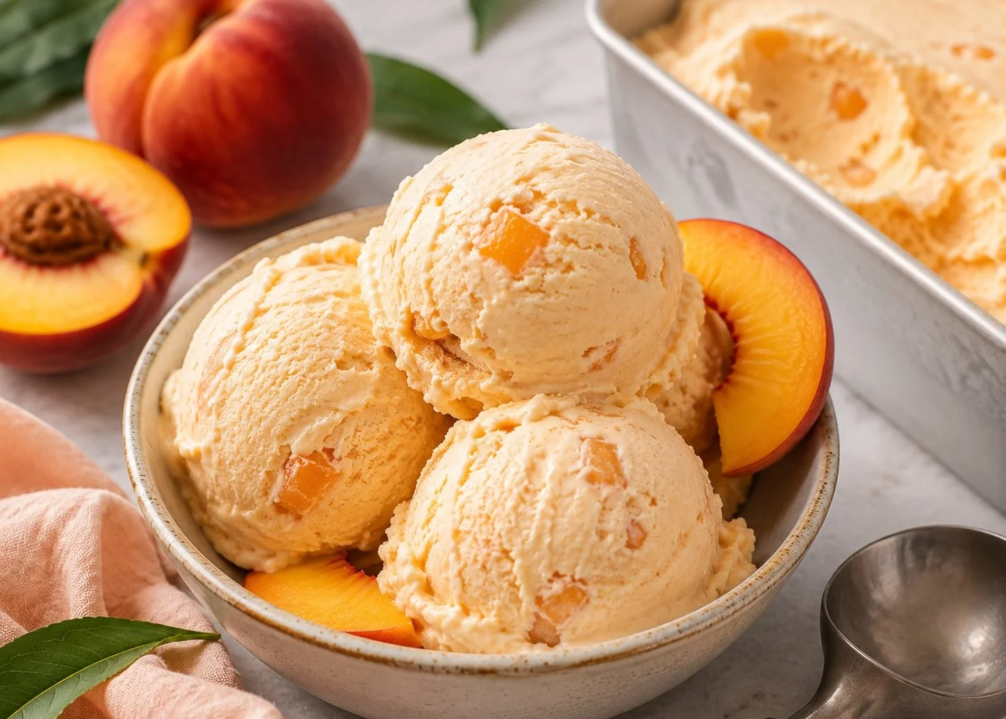 Delicious bowl of homemade peach ice cream with fresh peach slices on top