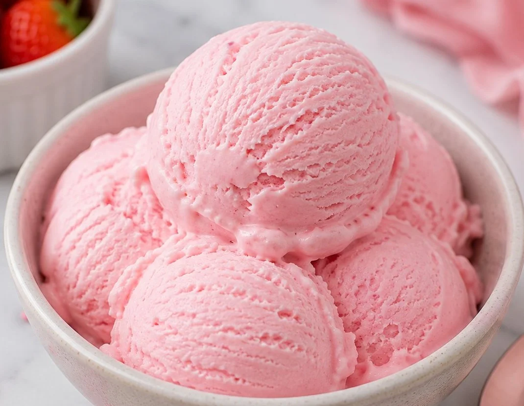 A delicious bowl of pink ice cream with sprinkles and a cherry on top.
