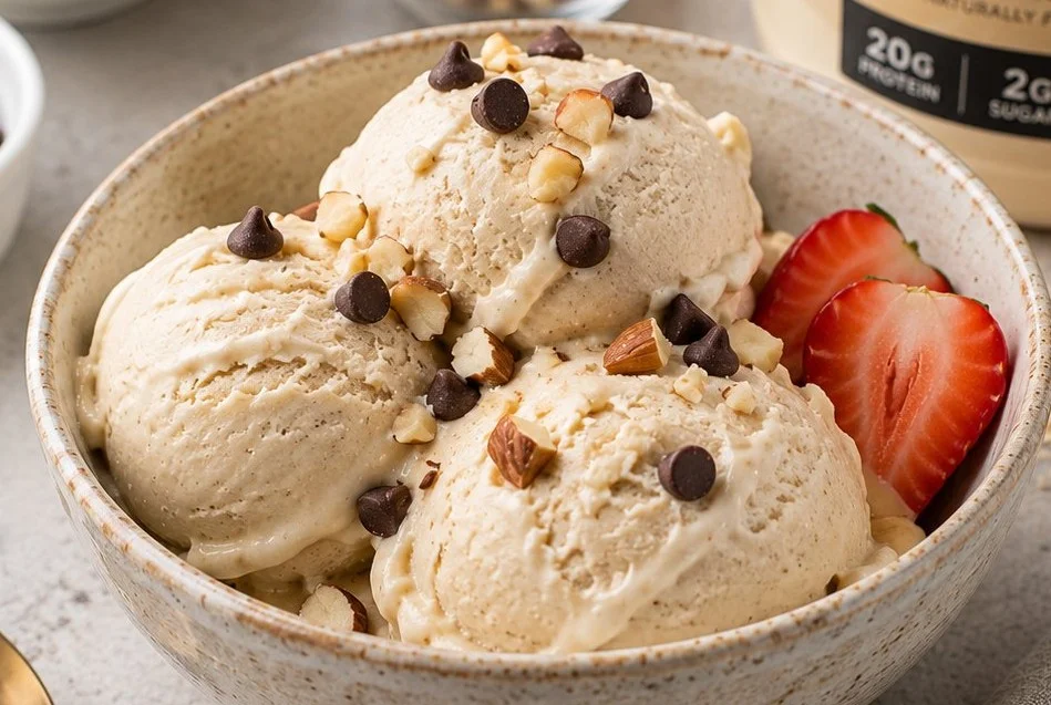 Delicious bowl of protein ice cream topped with fruits and nuts.