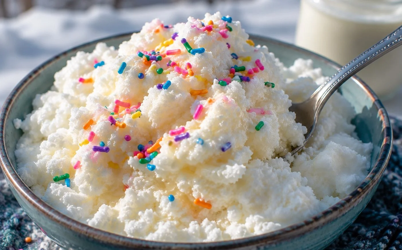 Bowl of delicious homemade Snow Ice Cream topped with colorful sprinkles